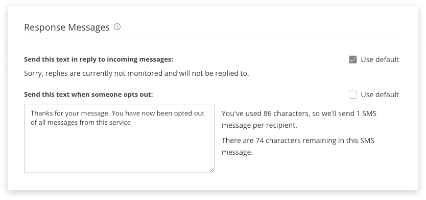 Black and white screenshot of the response message settings inside Lists in campaign manager