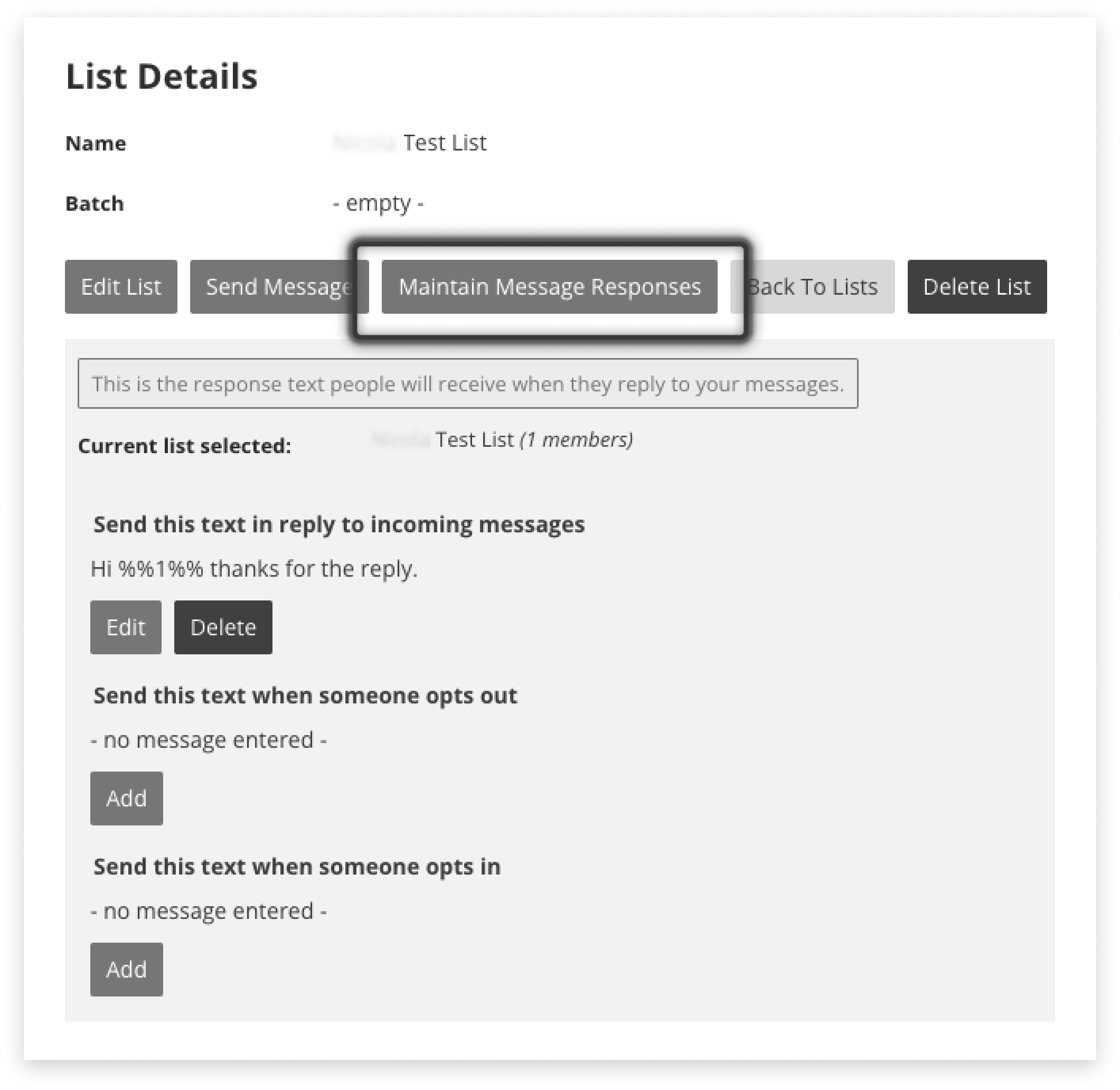 Black and white screenshot of where to create responses per capaign to a new list, in campaign manager