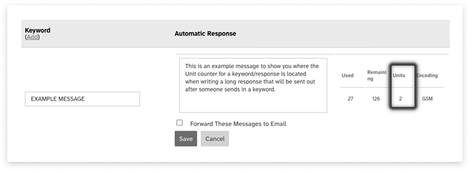 Black and white screenshot highlighting where the unit-counter for a keyword response is located