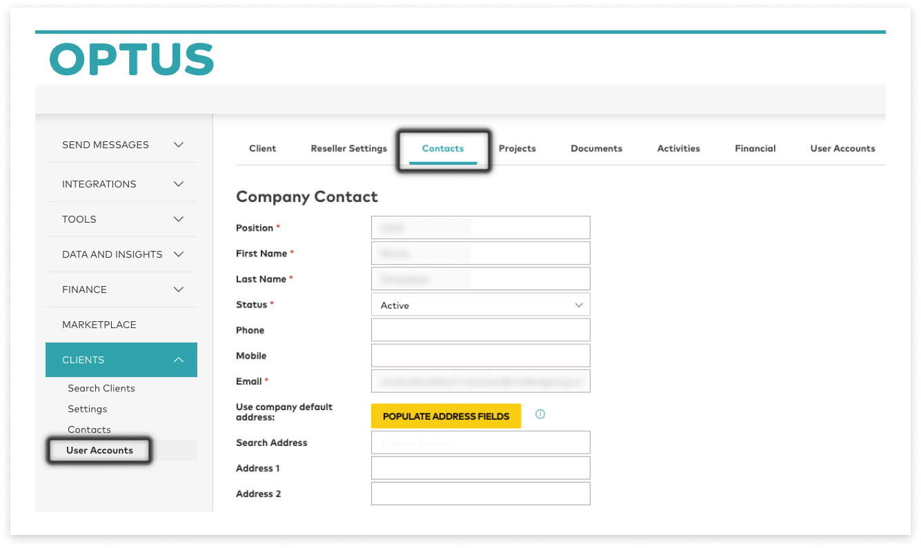 screenshot of optus sms messaging 'Clients' section with a 'Contact' open