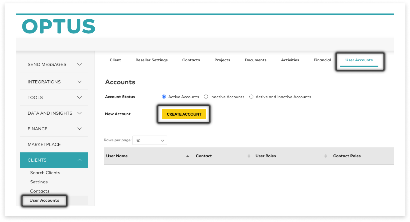 screenshot of optus sms messaging 'Clients' section with 'User Account' open, highlighting the 'Create New' button