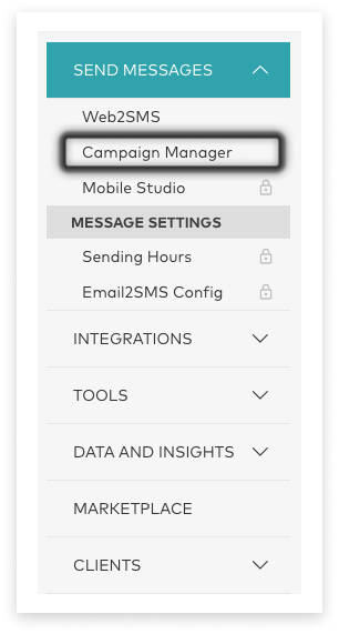screenshot of Optus SMS account main side-menu with 'Send Messages' open and 'Campaign Manager' highlighted