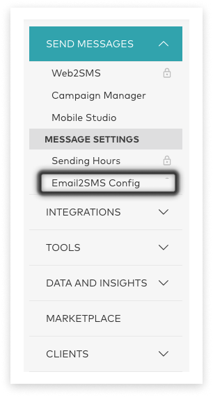screenshot of Optus SMS account main side-menu with 'Send Messages' open and 'Email2SMS Config' highlighted
