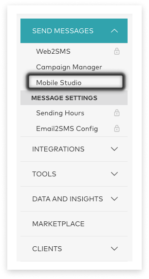 screenshot of Optus SMS account main side-menu with 'Send Messages' open and 'Mobile Studio' highlighted