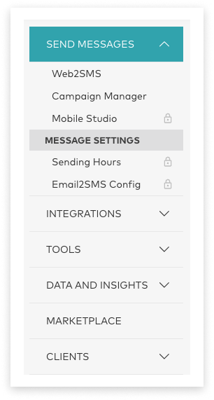 screenshot of Optus SMS account main side-menu with 'Send Messages' open