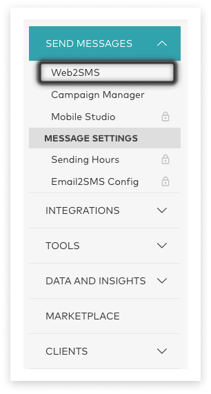 screenshot of Optus SMS account main side-menu with 'Send Messages' open and 'Web2SMS' highlighted
