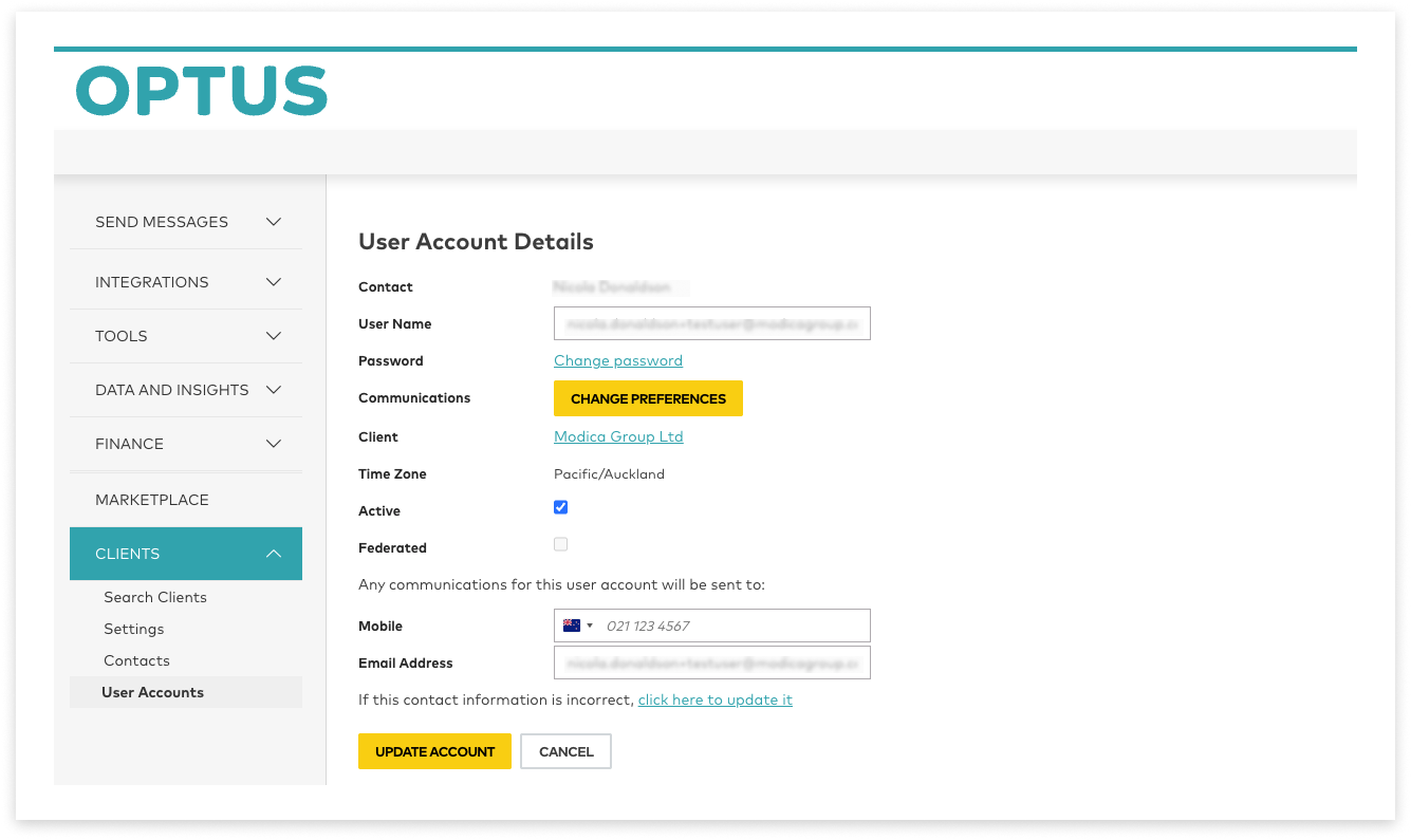 screenshot of optus sms messaging account main side-menu with 'send messages' open