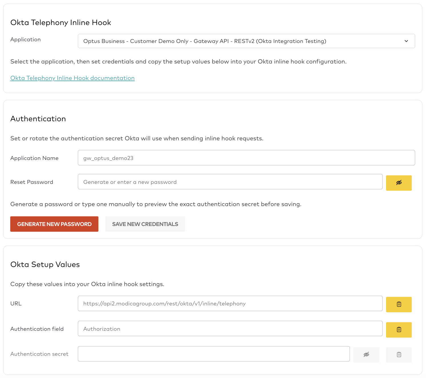 Screenshot of the Okta Inline Hook configuration page in Optus SMS Suite