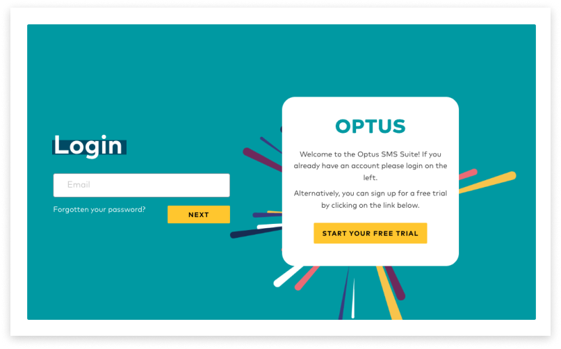 Colourful screenshot of the log in page for The Optus SMS Suite, by Modica Group