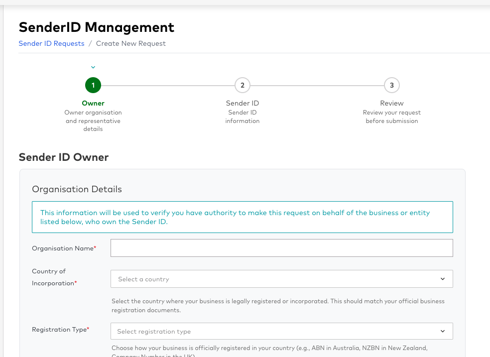 Screenshot of Sender ID request Nav item