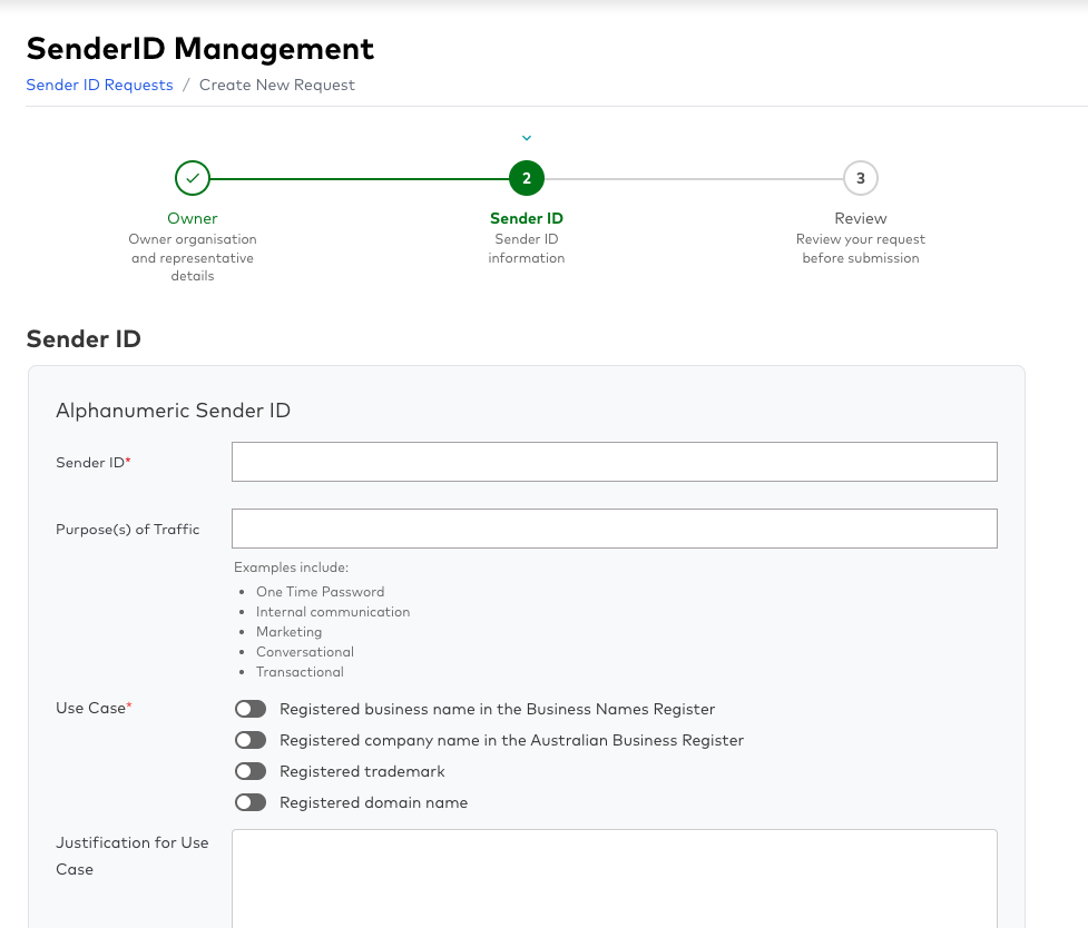 Screenshot of Sender ID request Nav item
