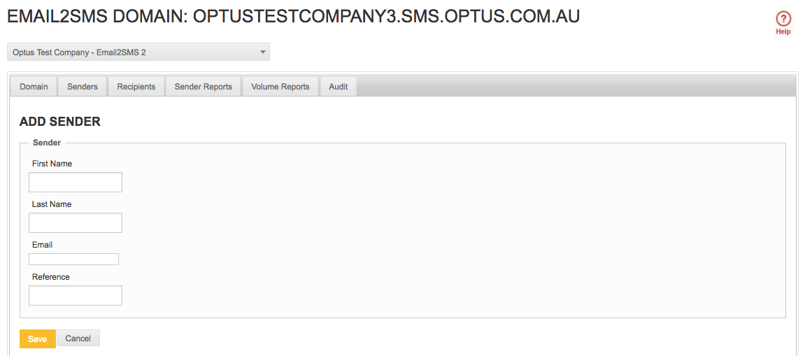 Email2SMS Add Sender Screen