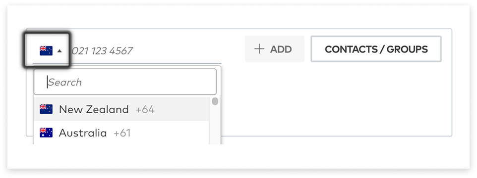 colourful screenshot showing options to add recipients when sending a New Message in Web2SMS UI
