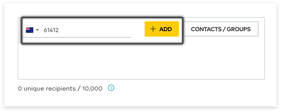 colourful screenshot showing options to add recipients when sending a New Message in Web2SMS