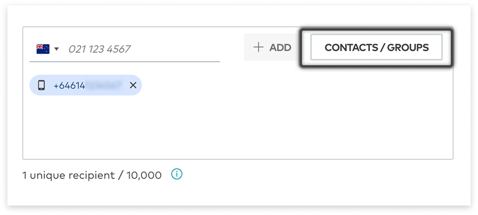 colourful screenshot showing options to add recipients when sending a New Message in Web2SMS