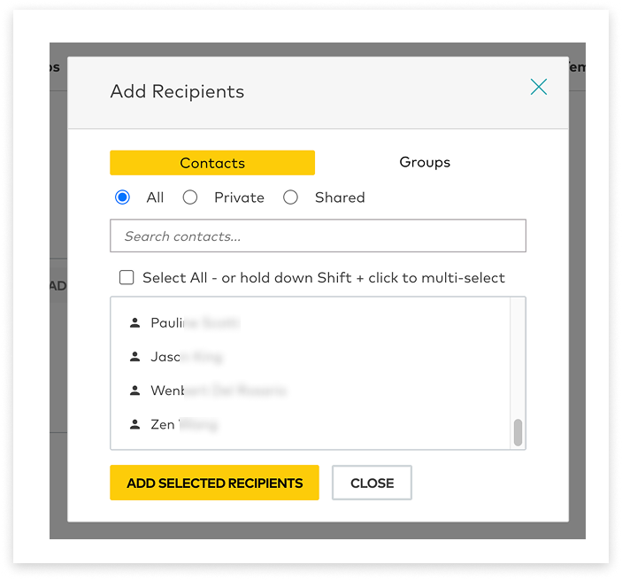 colourful screenshot showing options to add recipients when sending a New Message in Web2SMS