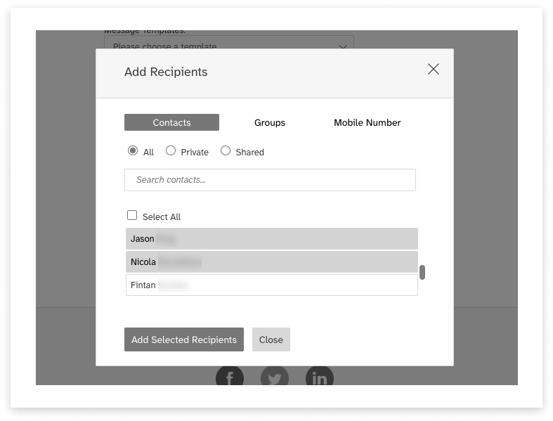 Black and white screeshot of the web2sms 'add recipients' modal