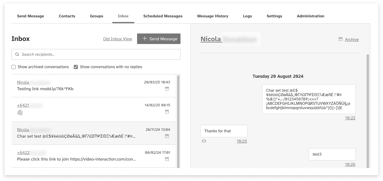 Black and white screeshot of web2sms new inbox with a conversation open