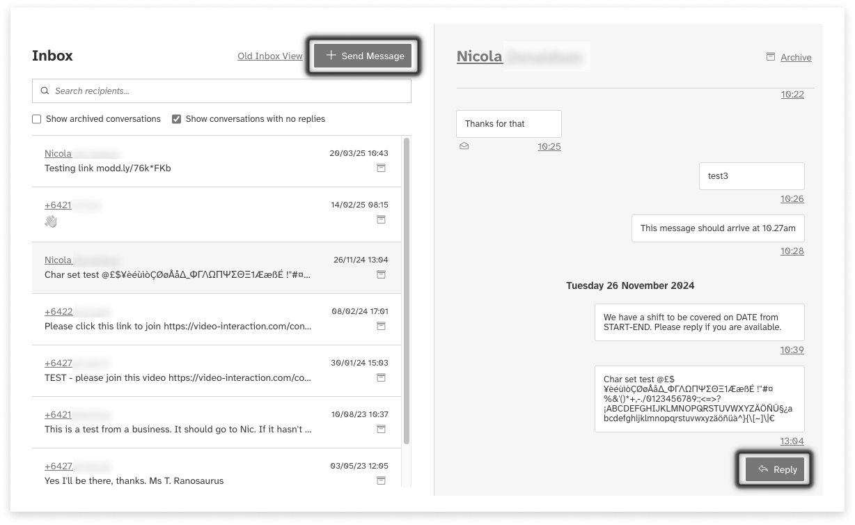 Black and white screeshot of web2sms showing the 2 button locations to reply to a conversation thread
