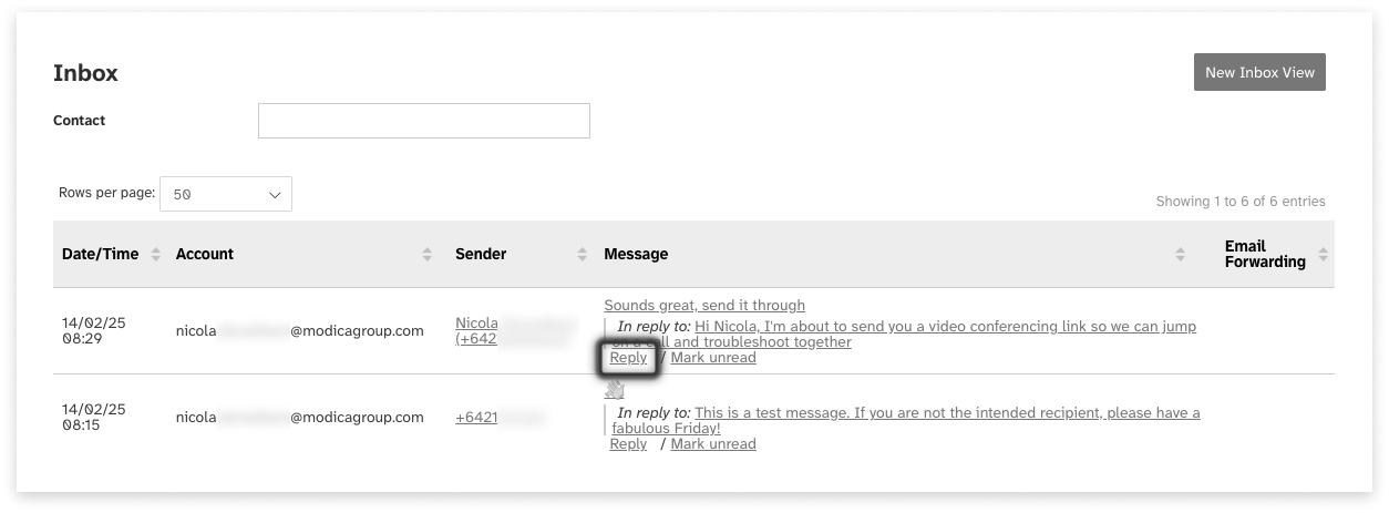 Black and white screeshot of web2sms highlighting a 'reply' link in the old inbox