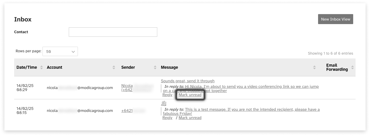 Black and white screeshot of web2sms showing where to mark replies as unread in the old inbox