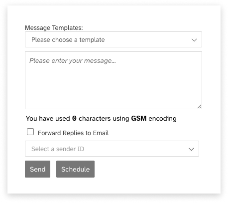 Black and white screeshot of web2sms message composer, with no template selected