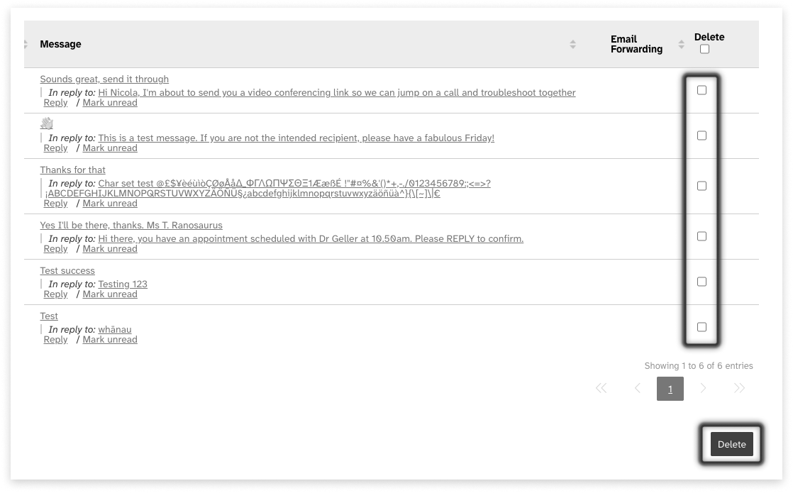 Black and white screeshot of web2sms showing the 'delete' link in the old inbox