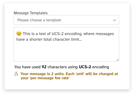 Coloured screeshot of web2sms message composer with an emoji, showing UCS-2 encoding warning