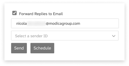 Black and white screeshot of web2sms send/schedule buttons, and email forwarding capabilities